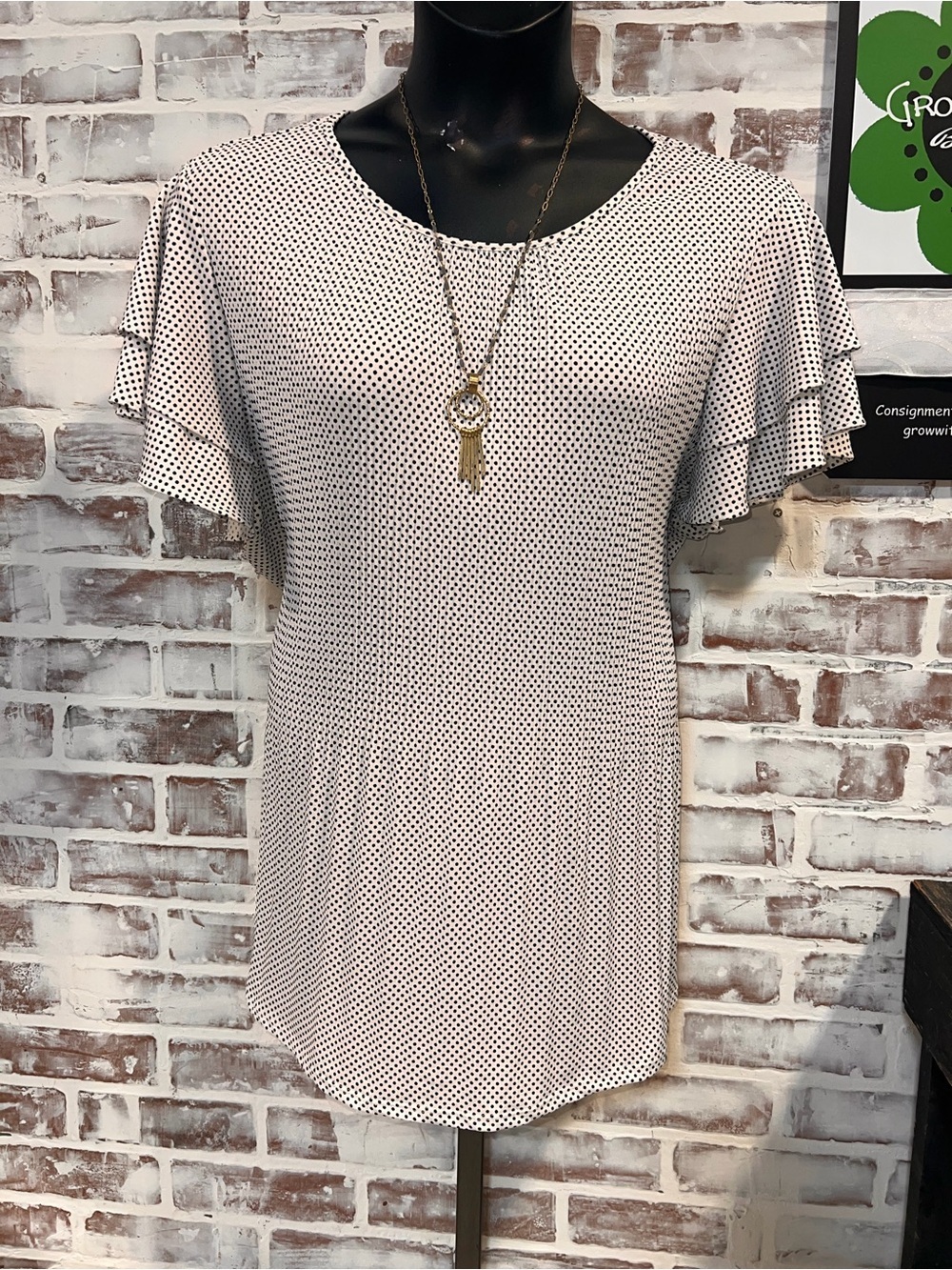 Adrianna Papell White Top with Black Micro Polka Dots and Flutter Sleeves